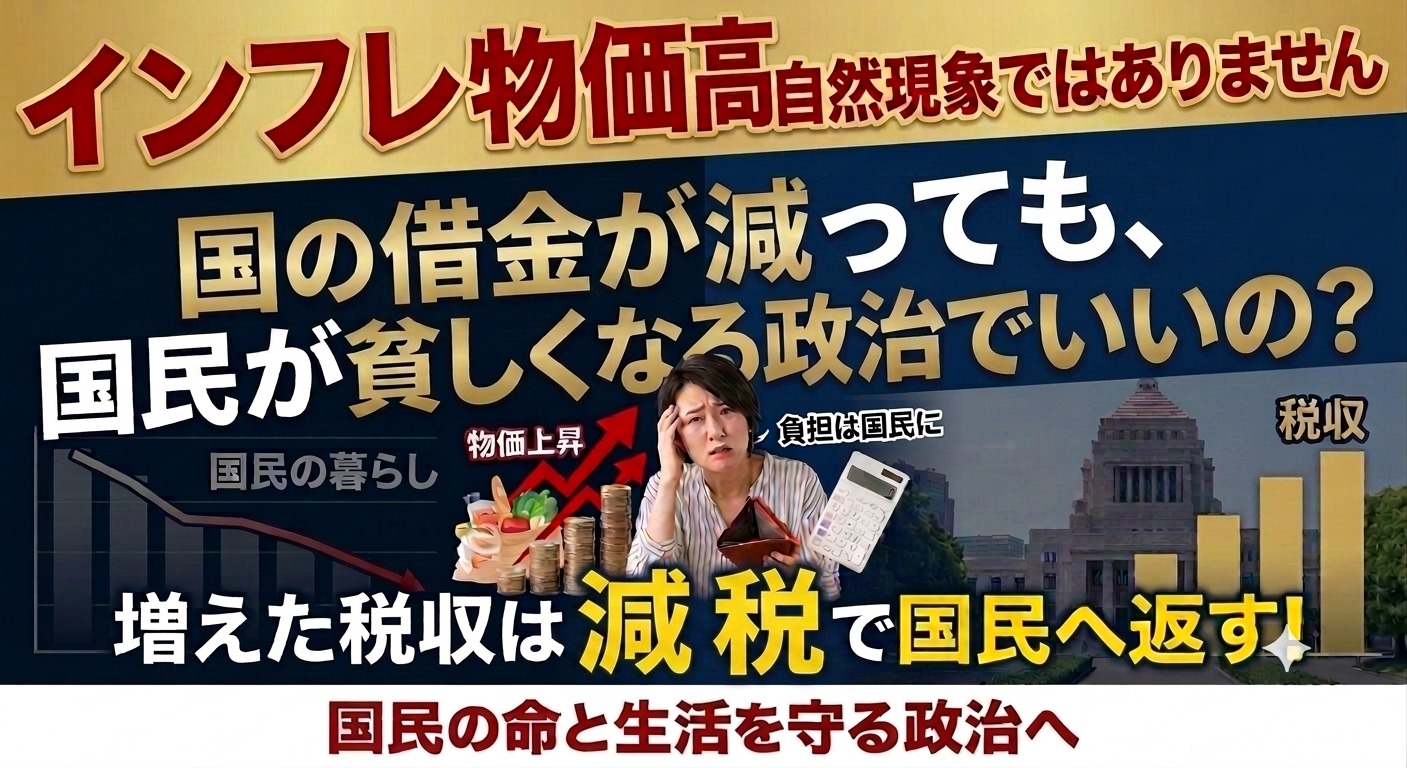インフレ物価高は自然現象ではありません。国の借金が減っても、国民が貧しくなる政治でいいの？ 物価上昇で国民の暮らしは下がり、負担は国民に、税収は増える。増えた税収は減税で国民へ返す。国民の命と生活を守る政治へ。