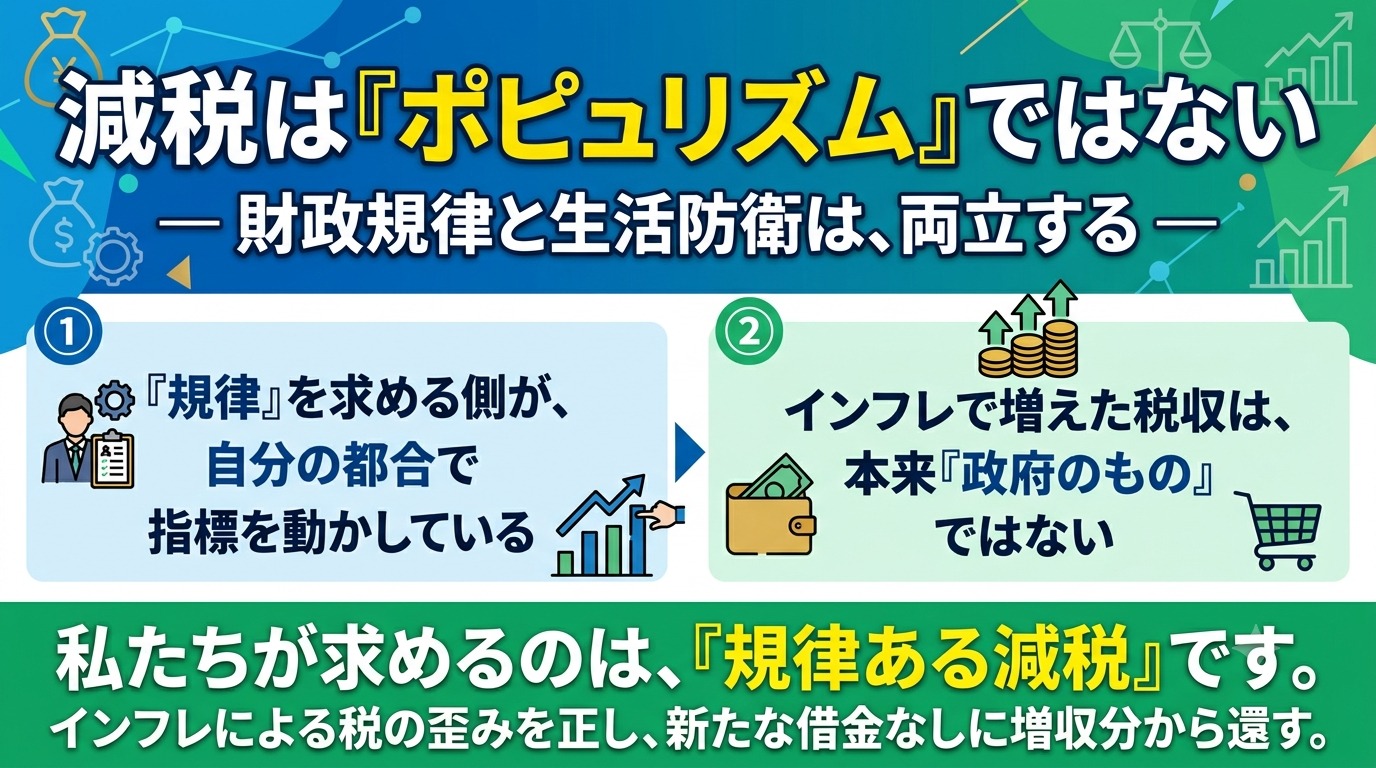 減税は「ポピュリズム」ではない。財政規律と生活防衛は両立する。①「規律」を求める側が、自分の都合で指標を動かしている。②インフレで増えた税収は、本来「政府のもの」ではない。私たちが求めるのは「規律ある減税」。インフレによる税の歪みを正し、新たな借金なしに増収分から還す。
