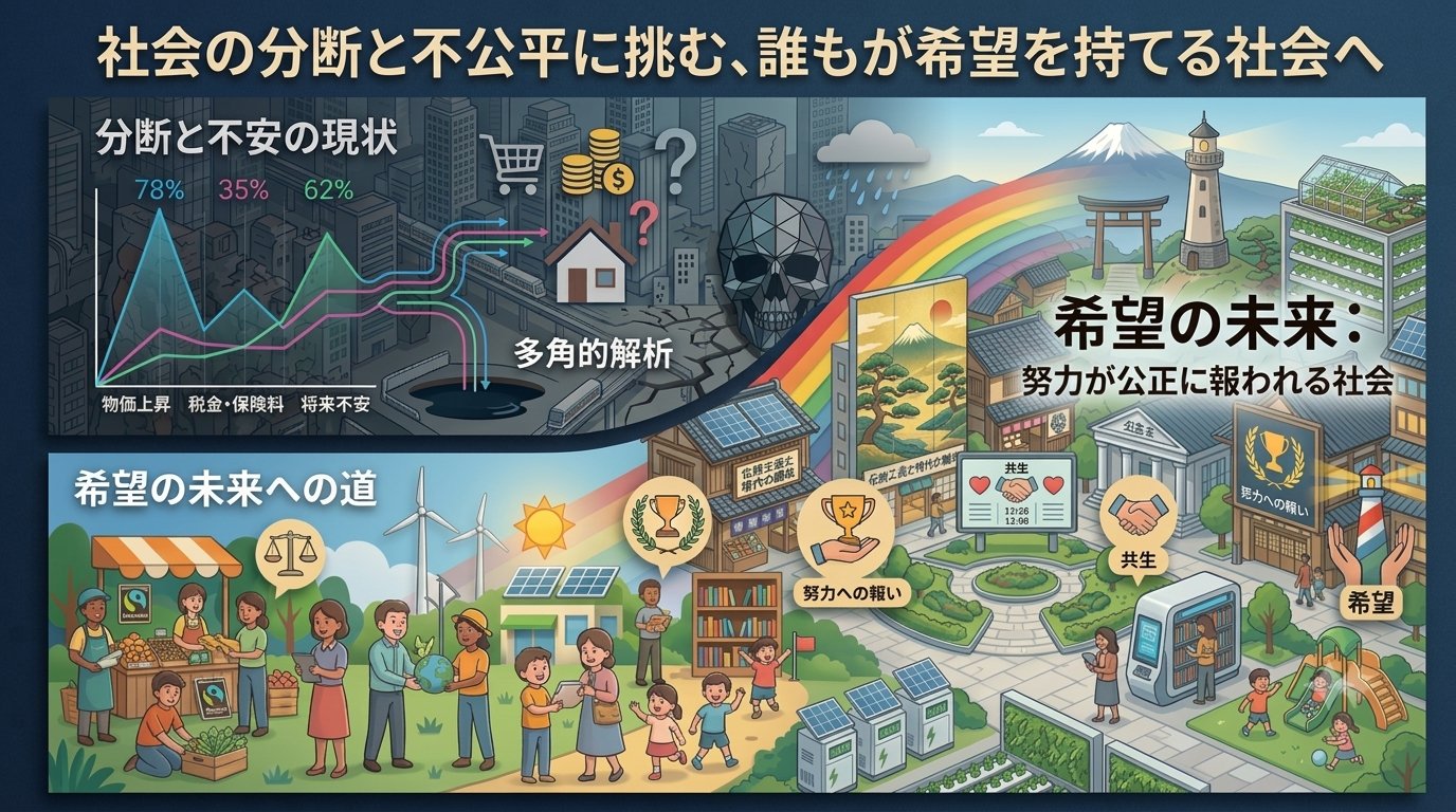 社会の分断と不公平に挑む、誰もが希望を持てる社会へ。物価上昇・税金や保険料・将来不安といった分断と不安の現状を多角的に解析し、努力が公正に報われる希望の未来への道を示す。