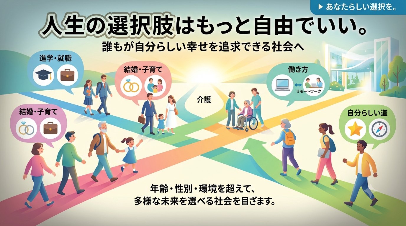 人生の選択肢はもっと自由でいい。誰もが自分らしい幸せを追求できる社会へ。進学・就職、結婚・子育て、介護、働き方など、年齢・性別・環境を超えて多様な未来を選べる社会を目指す。