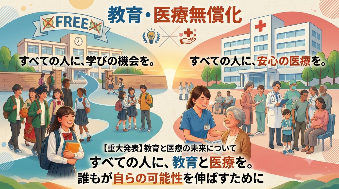 教育・医療無償化。すべての人に学びの機会を、すべての人に安心の医療を。誰もが自らの可能性を伸ばすために、教育と医療を無償で受けられる社会を目指す。