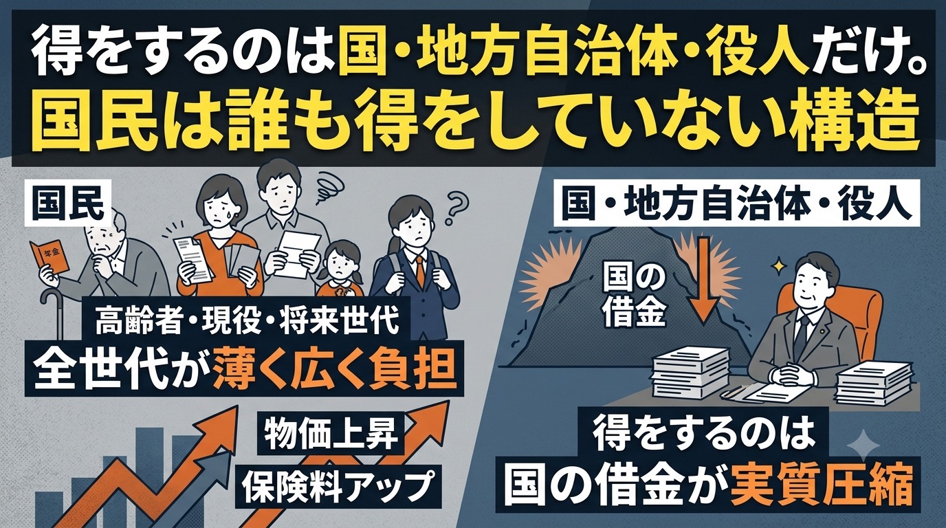 得をするのは国・地方自治体・役人だけ。国民は誰も得をしていない構造。国民は高齢者・現役・将来世代の全世代が薄く広く負担し、物価上昇と保険料アップに直面する一方、国・地方自治体・役人は国の借金が実質圧縮されて得をする。