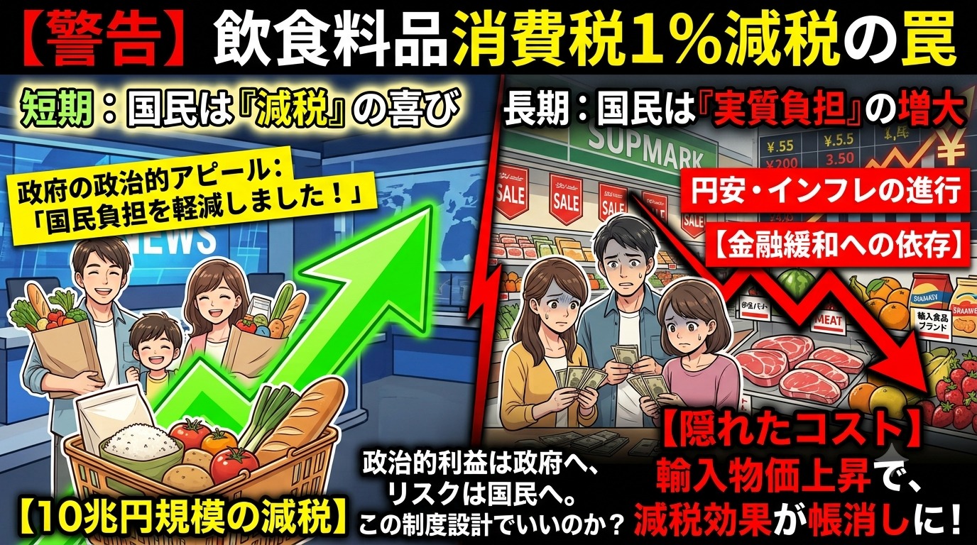 【警告】飲食料品 消費税1%減税の罠。短期：国民は『減税』の喜び／長期：国民は『実質負担』の増大。政治的利益は政府へ、リスクは国民へ。円安・インフレの進行と輸入物価上昇で減税効果が帳消しに。