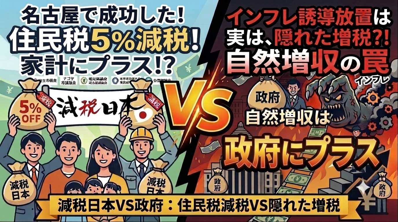 減税日本VS政府：住民税減税VS隠れた増税。名古屋で成功した住民税5%減税は家計にプラス。一方、インフレ誘導放置は実は隠れた増税で、自然増収は政府にプラスという構図。